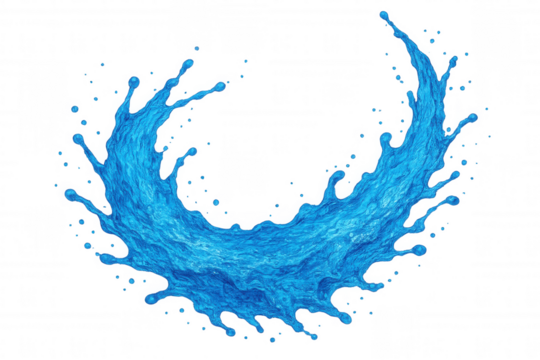 Water splash curving dramatically, creating vibrant blue arc with sharp liquid dynamics against clear backdrop, highlighting fluid motion