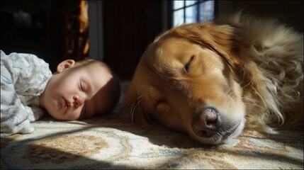 Baby sleeping with golden retriever