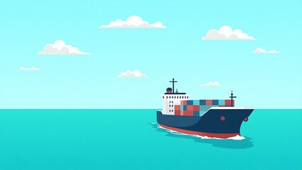 Large cargo ship sails across the vast blue ocean under a cloudy sky