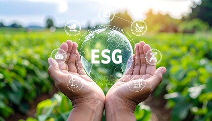 Hands holding a digital globe representing ESG over a field