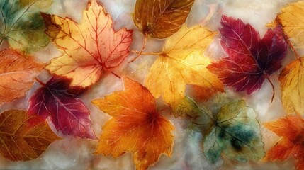 Artistic autumn leaves exhibit a vivid spectrum of colors, reminiscent of a watercolor painting, capturing nature's transition.