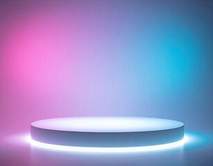 Modern White Round Podium with Neon Lights in a Pink and Blue Gradient Background