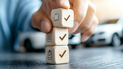 Hand Placing Wooden Blocks With Checkmarks on a Table Reflecting Organisational Planning and Success