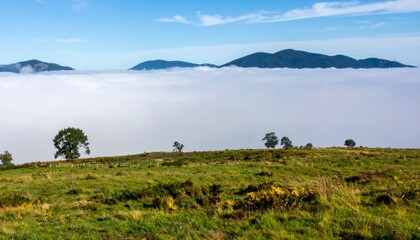 Obraz premium Vibrant Green Meadow Under a Layer of Soft Clouds and Distant Mountain Range on a Sunny Day