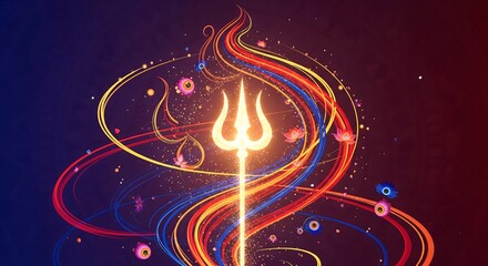 Glowing trident symbol surrounded by fiery energy and cosmic dust