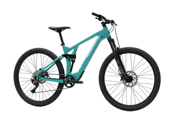 Fototapeta premium Isolated turquoise full-suspension mountain bike, detailed view, fitness and recreation style