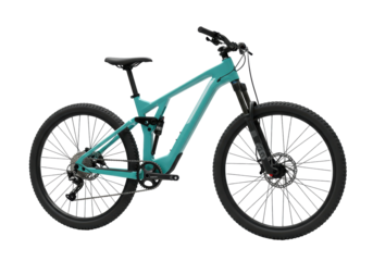 Isolated turquoise full-suspension mountain bike, detailed view, fitness and recreation style