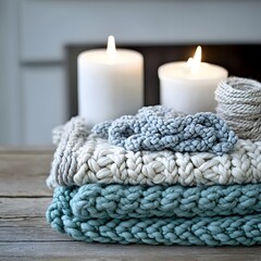 Cozy Winter Scene, Knitted Blankets, Candles, and Yarn