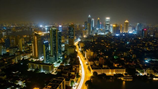 Aerial Time-lapse of Ho Chi Minh City Skyline at Night, Vietnam.