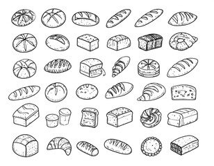 Various types of bread and pastries drawn in black ink