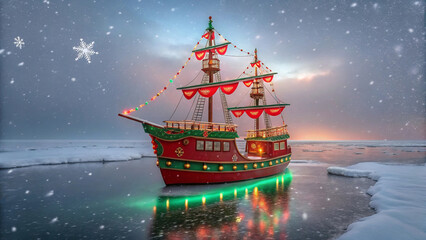 A red and green pirate ship decorated with Christmas themes sails through the icy seas of the North Pole.