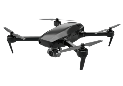 Isolated drone with camera and propellers ready to fly, photography and videography concept