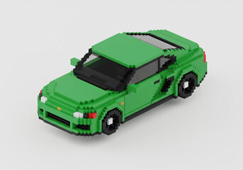 Pixelated green car model rendered in a 3D isometric view on a plain background