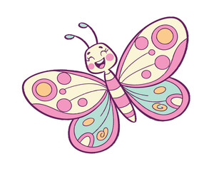 Cute Happy Butterfly Cartoon Character Illustration with Colorful Wings and Smiling Face Isolated on White Background for Childrens Designs