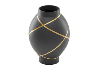 Isolated dark modern ceramic vase with golden inlays for flower arrangements at home