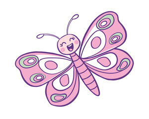 Cute Pink Butterfly Cartoon Character Vector Illustration Perfect for Childrens Designs and Educational Materials with Happy Expression and Whimsical Details