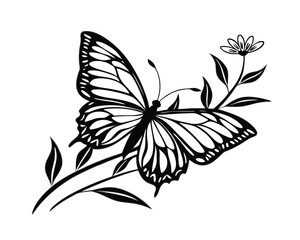 Elegant Butterfly and Flower Silhouette Design for Nature and Beauty Concepts on a White Background Vector Art