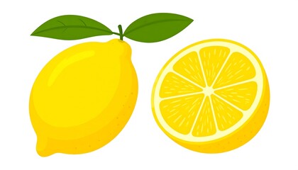Two vibrant yellow lemons, whole and sliced, with green leaves