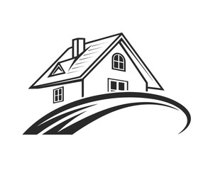 Monochrome illustration of a house with two stories and multiple windows under roof with chimney