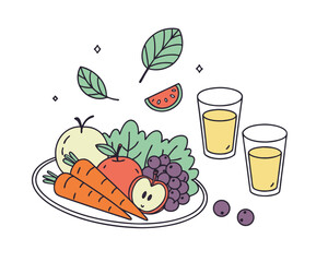 Healthy Eating Illustration with Fruits Vegetables and Juice for Wellness and Nutrition Concept