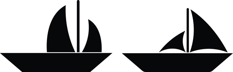 Black sailboat silhouette icons set two style, simple vector boats with sails for travel, adventure, and nautical design