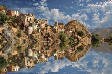 Obraz premium Ancient houses perched on rocky hills reflect perfectly in the still water below, surrounded by majestic mountains and a vibrant sky filled with clouds