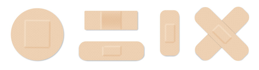 Medical plasters. Bandages set. Adhesive bandage for first aid for wounds operations and skin injuries. Protecting open wound from infection. Vector