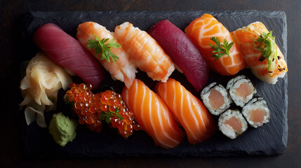 Assorted sushi platter displays variety of fresh traditional Japanese cuisine selections.
