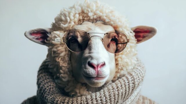 A sheep wearing glasses and a scarf, unusual animal fashion