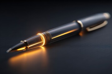 Elegant pen lying on a dark surface, illuminated with soft, golden light, exuding sophistication and professionalism in a minimalist style.