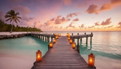 Obraz premium A tranquil wooden pier leads to a tropical beach at sunset, illuminated by warm lanterns.