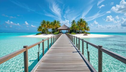 Obraz premium Tranquil tropical island getaway; wooden boardwalk leads to a secluded pavilion amidst palm trees and turquoise waters.