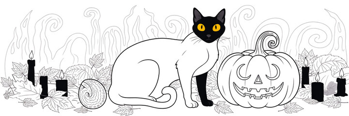 Obraz premium Dark Halloween artwork with black cat, window, and spooky candles