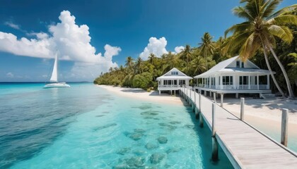 Fototapeta premium Luxury beachfront villas on a tropical island, with a sailboat in the turquoise ocean.