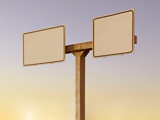 white empty blank place name sign on blue sky background blank town exit signboard roadsign on blue...