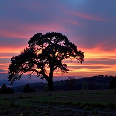 Naklejka premium Serene landscape featuring a majestic tree silhouetted against a vibrant sunset, showcasing nature's beauty and tranquility, leaves, sunlight