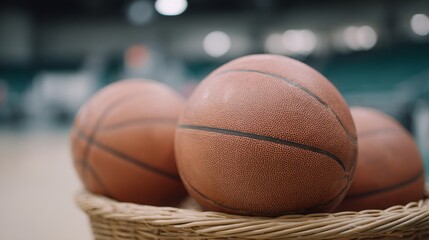 Three basketballs are sitting in a basket