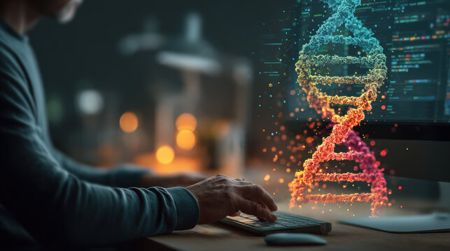 Genetic analysis DNA helix bioinformatics data science computer coding laboratory research with focus and curiosity on screen and workspace