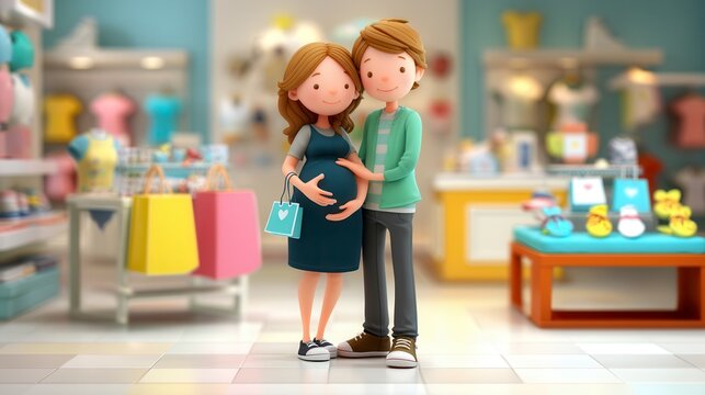 Happy 3D cartoon couple shopping for baby items with pregnant woman in blue dress and supportive partner in baby store surrounded by colorful merchandise