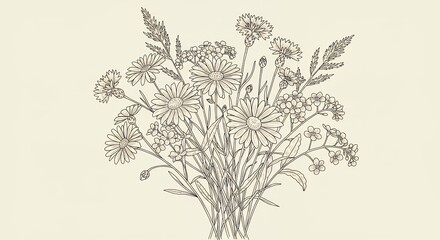 Floral line drawing bouquet illustration