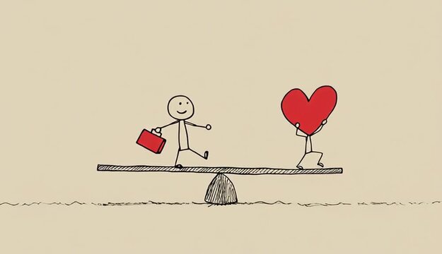 Balancing a briefcase and heart, a stick figure shows the need to manage work responsibilities alongside emotional and personal life.
