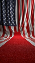 Red carpet leading to American flag backdrop for an event or celebration