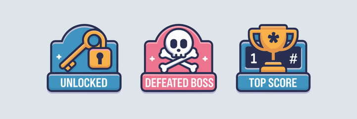Obraz premium Vector set of gaming badges with padlock skull trophy and number 1