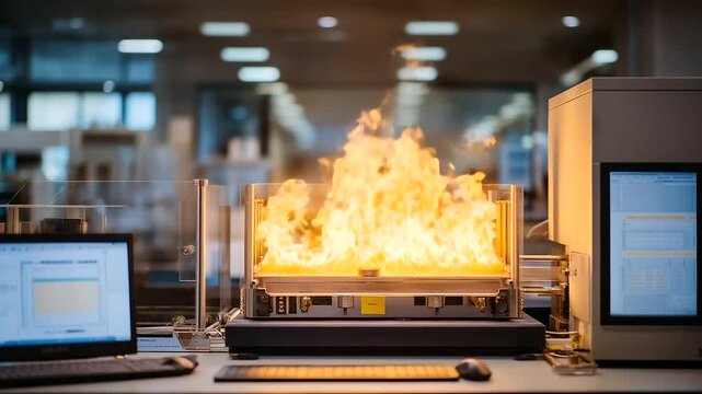 Calorimeters measure heat in a thermodynamics lab with samples combusting temperature probes rising data logging on computers and insulation enclosing chambers shown in a heat