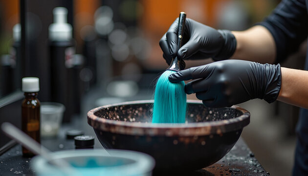 Hairdresser mixing vibrant blue hair dye in a bowl with gloves  