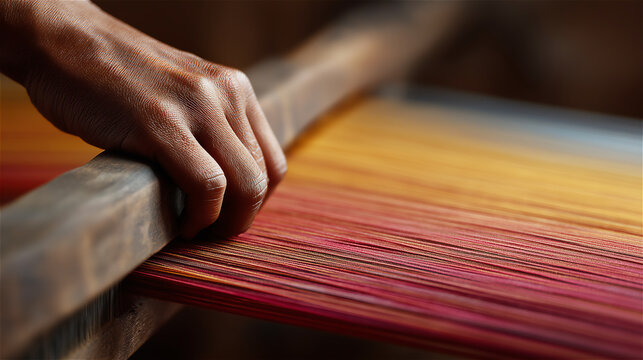 Artisan hands weaving colorful textile on traditional loom, showcasing handicraft skills, cultural heritage and handmade fabric production techniques.