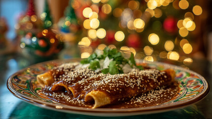 Mexican Mole Enchiladas on a Festive Christmas Background