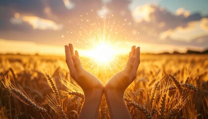 Hands uplifted to glowing sunburst over wheat field representing hope, abundance, renewable energy, thanksgiving and spiritual connection with nature at sunset