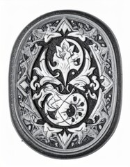 Monochrome Ornate Floral Design on Oval Shape with Decorative Vintage Style