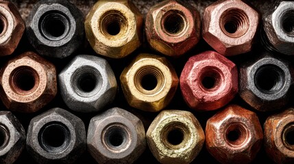 A vibrant display of various nuts, showcasing different materials and finishes, shines under soft lighting for a visually appealing look.